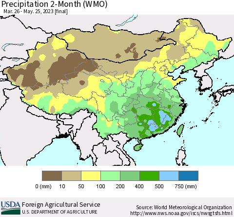 China, Mongolia and Taiwan Precipitation 2-Month (WMO) Thematic Map For 3/26/2023 - 5/25/2023
