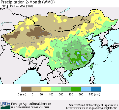 China, Mongolia and Taiwan Precipitation 2-Month (WMO) Thematic Map For 4/1/2023 - 5/31/2023