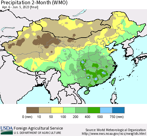 China, Mongolia and Taiwan Precipitation 2-Month (WMO) Thematic Map For 4/6/2023 - 6/5/2023