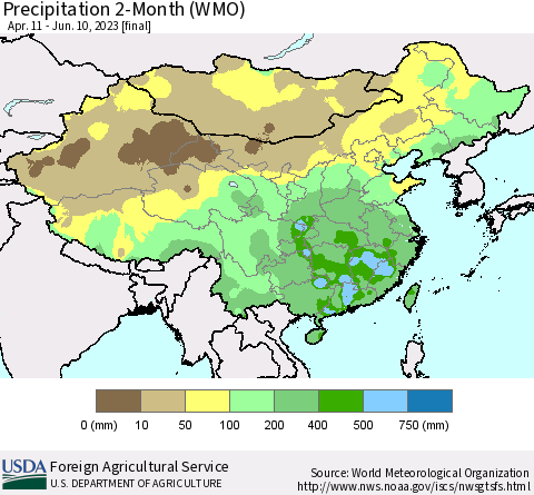 China, Mongolia and Taiwan Precipitation 2-Month (WMO) Thematic Map For 4/11/2023 - 6/10/2023