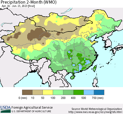 China, Mongolia and Taiwan Precipitation 2-Month (WMO) Thematic Map For 4/16/2023 - 6/15/2023