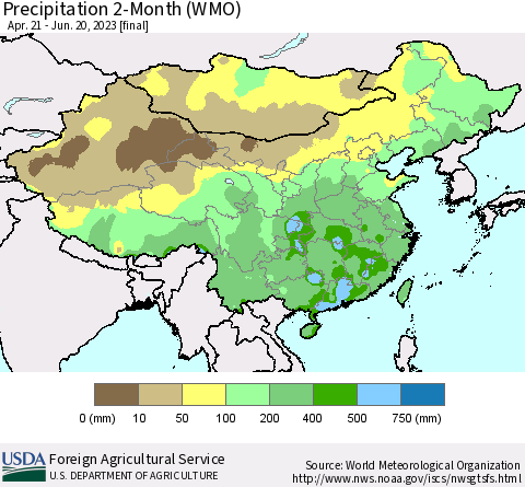 China, Mongolia and Taiwan Precipitation 2-Month (WMO) Thematic Map For 4/21/2023 - 6/20/2023