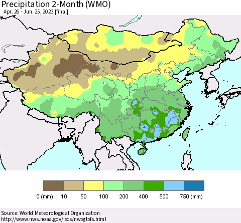 China, Mongolia and Taiwan Precipitation 2-Month (WMO) Thematic Map For 4/26/2023 - 6/25/2023