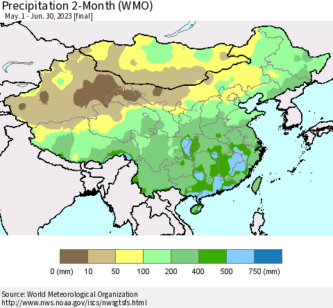 China, Mongolia and Taiwan Precipitation 2-Month (WMO) Thematic Map For 5/1/2023 - 6/30/2023