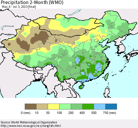 China, Mongolia and Taiwan Precipitation 2-Month (WMO) Thematic Map For 5/6/2023 - 7/5/2023