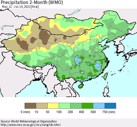 China, Mongolia and Taiwan Precipitation 2-Month (WMO) Thematic Map For 5/11/2023 - 7/10/2023