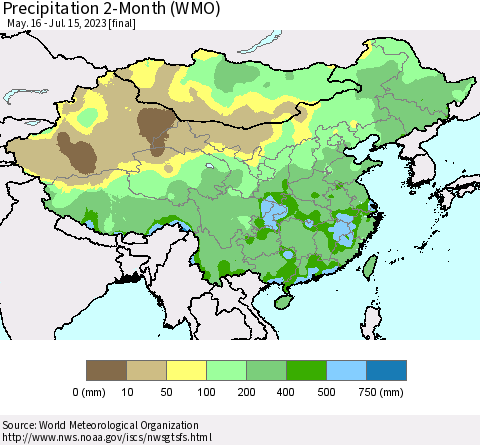 China, Mongolia and Taiwan Precipitation 2-Month (WMO) Thematic Map For 5/16/2023 - 7/15/2023