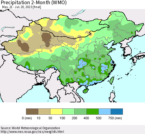 China, Mongolia and Taiwan Precipitation 2-Month (WMO) Thematic Map For 5/21/2023 - 7/20/2023