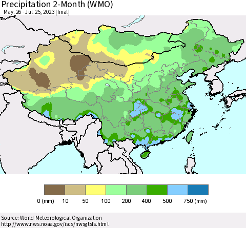 China, Mongolia and Taiwan Precipitation 2-Month (WMO) Thematic Map For 5/26/2023 - 7/25/2023