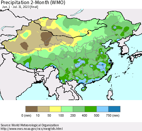China, Mongolia and Taiwan Precipitation 2-Month (WMO) Thematic Map For 6/1/2023 - 7/31/2023