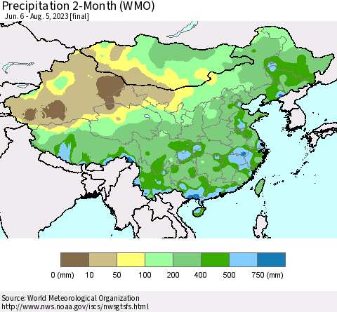China, Mongolia and Taiwan Precipitation 2-Month (WMO) Thematic Map For 6/6/2023 - 8/5/2023