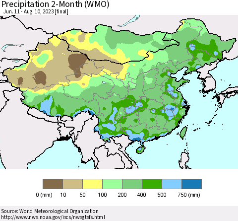 China, Mongolia and Taiwan Precipitation 2-Month (WMO) Thematic Map For 6/11/2023 - 8/10/2023