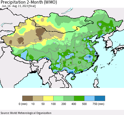 China, Mongolia and Taiwan Precipitation 2-Month (WMO) Thematic Map For 6/16/2023 - 8/15/2023