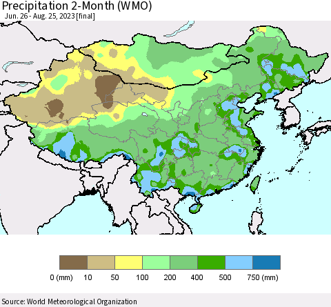 China, Mongolia and Taiwan Precipitation 2-Month (WMO) Thematic Map For 6/26/2023 - 8/25/2023