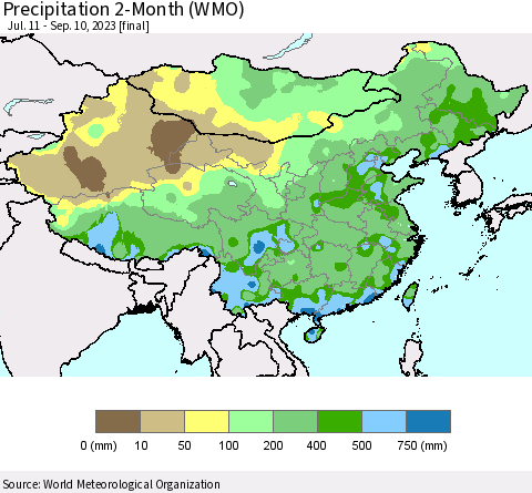 China, Mongolia and Taiwan Precipitation 2-Month (WMO) Thematic Map For 7/11/2023 - 9/10/2023