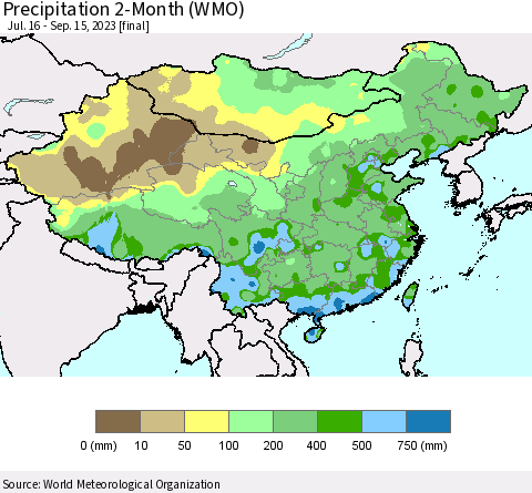 China, Mongolia and Taiwan Precipitation 2-Month (WMO) Thematic Map For 7/16/2023 - 9/15/2023
