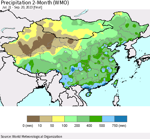China, Mongolia and Taiwan Precipitation 2-Month (WMO) Thematic Map For 7/21/2023 - 9/20/2023