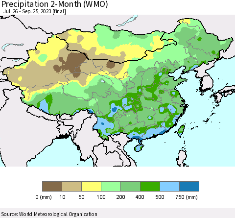 China, Mongolia and Taiwan Precipitation 2-Month (WMO) Thematic Map For 7/26/2023 - 9/25/2023