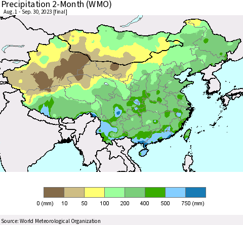 China, Mongolia and Taiwan Precipitation 2-Month (WMO) Thematic Map For 8/1/2023 - 9/30/2023