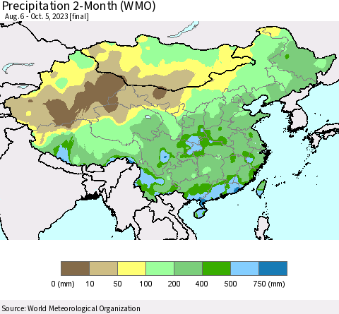 China, Mongolia and Taiwan Precipitation 2-Month (WMO) Thematic Map For 8/6/2023 - 10/5/2023