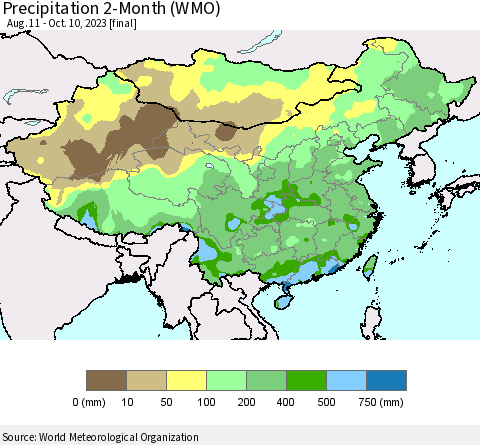 China, Mongolia and Taiwan Precipitation 2-Month (WMO) Thematic Map For 8/11/2023 - 10/10/2023