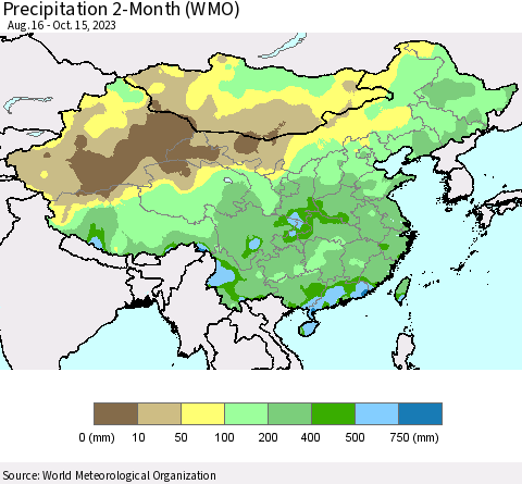 China, Mongolia and Taiwan Precipitation 2-Month (WMO) Thematic Map For 8/16/2023 - 10/15/2023
