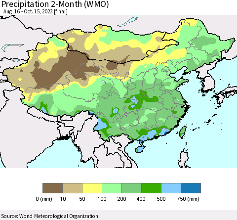China, Mongolia and Taiwan Precipitation 2-Month (WMO) Thematic Map For 8/16/2023 - 10/15/2023
