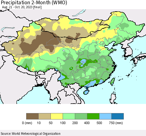 China, Mongolia and Taiwan Precipitation 2-Month (WMO) Thematic Map For 8/21/2023 - 10/20/2023