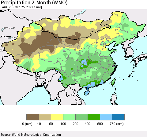 China, Mongolia and Taiwan Precipitation 2-Month (WMO) Thematic Map For 8/26/2023 - 10/25/2023