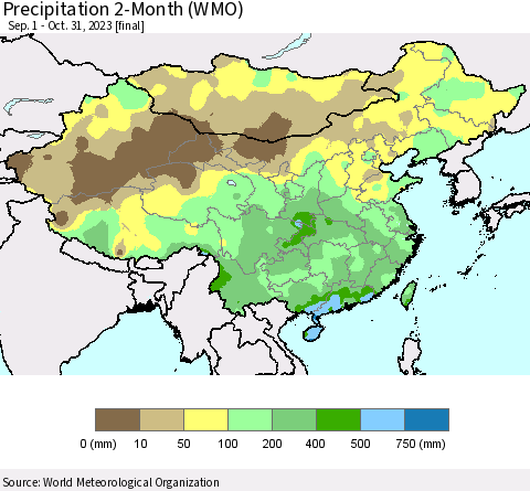 China, Mongolia and Taiwan Precipitation 2-Month (WMO) Thematic Map For 9/1/2023 - 10/31/2023