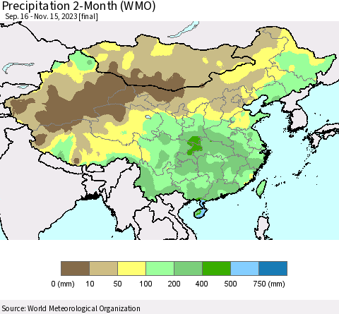 China, Mongolia and Taiwan Precipitation 2-Month (WMO) Thematic Map For 9/16/2023 - 11/15/2023