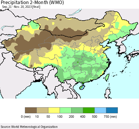 China, Mongolia and Taiwan Precipitation 2-Month (WMO) Thematic Map For 9/21/2023 - 11/20/2023