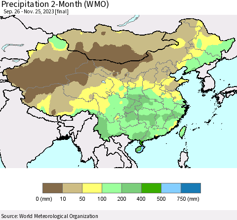 China, Mongolia and Taiwan Precipitation 2-Month (WMO) Thematic Map For 9/26/2023 - 11/25/2023