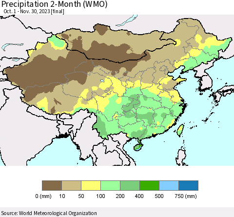 China, Mongolia and Taiwan Precipitation 2-Month (WMO) Thematic Map For 10/1/2023 - 11/30/2023