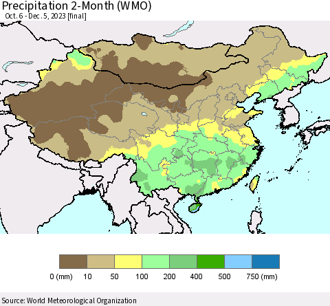 China, Mongolia and Taiwan Precipitation 2-Month (WMO) Thematic Map For 10/6/2023 - 12/5/2023