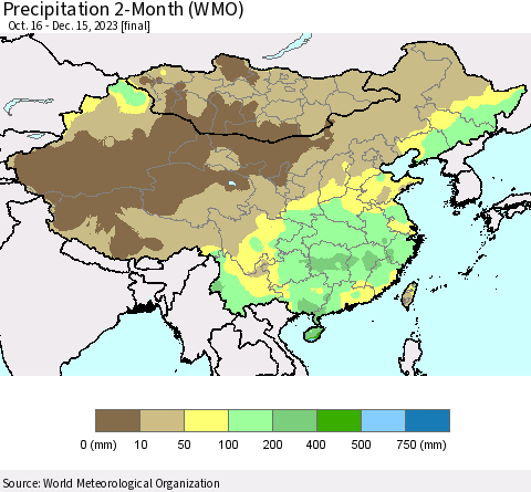 China, Mongolia and Taiwan Precipitation 2-Month (WMO) Thematic Map For 10/16/2023 - 12/15/2023