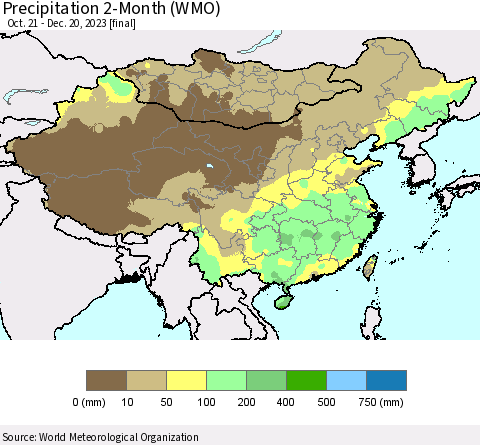 China, Mongolia and Taiwan Precipitation 2-Month (WMO) Thematic Map For 10/21/2023 - 12/20/2023