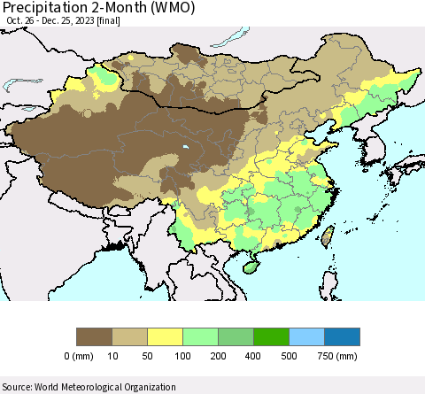 China, Mongolia and Taiwan Precipitation 2-Month (WMO) Thematic Map For 10/26/2023 - 12/25/2023