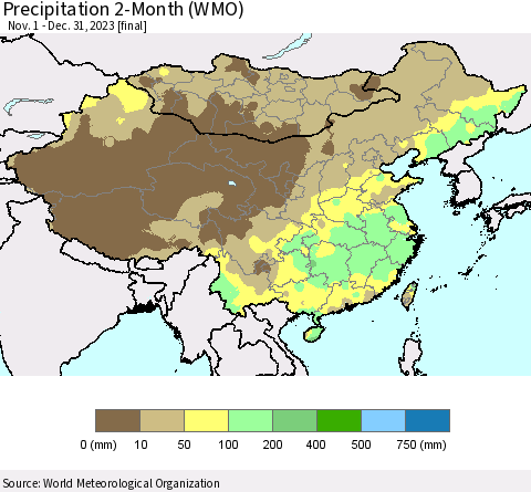 China, Mongolia and Taiwan Precipitation 2-Month (WMO) Thematic Map For 11/1/2023 - 12/31/2023