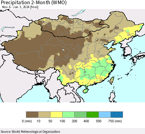 China, Mongolia and Taiwan Precipitation 2-Month (WMO) Thematic Map For 11/6/2023 - 1/5/2024