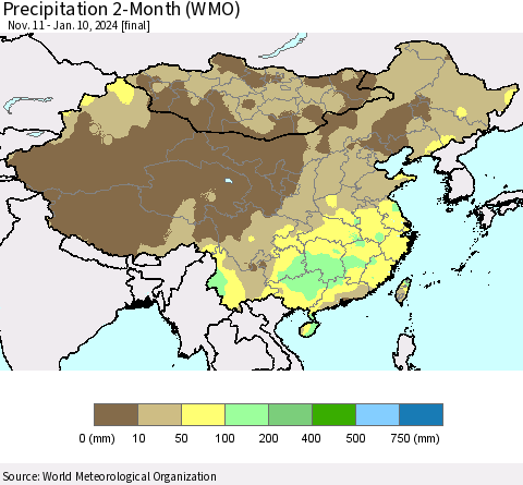 China, Mongolia and Taiwan Precipitation 2-Month (WMO) Thematic Map For 11/11/2023 - 1/10/2024
