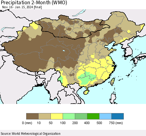 China, Mongolia and Taiwan Precipitation 2-Month (WMO) Thematic Map For 11/16/2023 - 1/15/2024