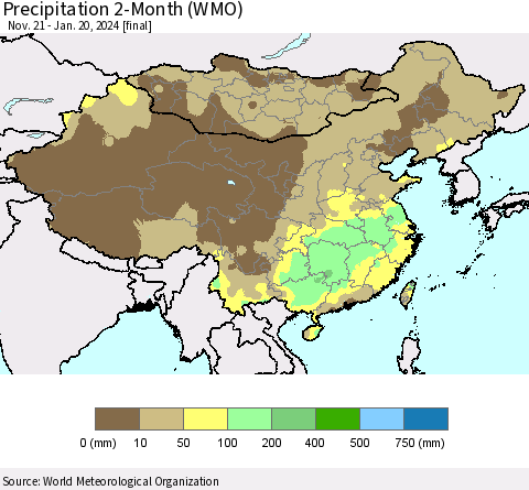 China, Mongolia and Taiwan Precipitation 2-Month (WMO) Thematic Map For 11/21/2023 - 1/20/2024