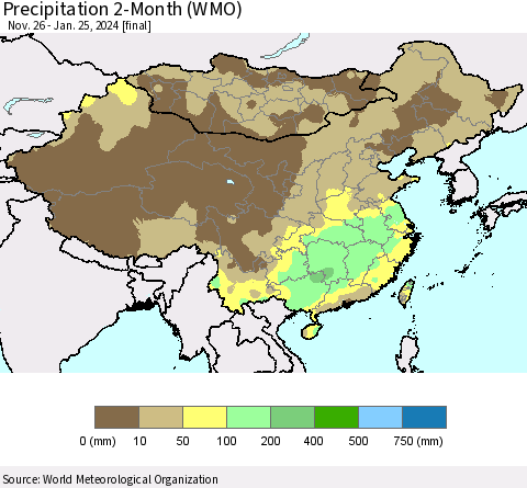 China, Mongolia and Taiwan Precipitation 2-Month (WMO) Thematic Map For 11/26/2023 - 1/25/2024