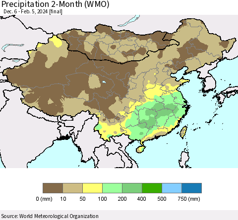 China, Mongolia and Taiwan Precipitation 2-Month (WMO) Thematic Map For 12/6/2023 - 2/5/2024
