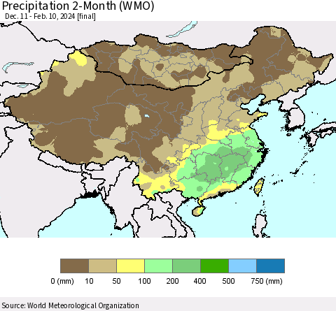 China, Mongolia and Taiwan Precipitation 2-Month (WMO) Thematic Map For 12/11/2023 - 2/10/2024