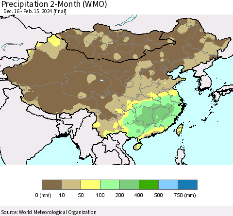 China, Mongolia and Taiwan Precipitation 2-Month (WMO) Thematic Map For 12/16/2023 - 2/15/2024