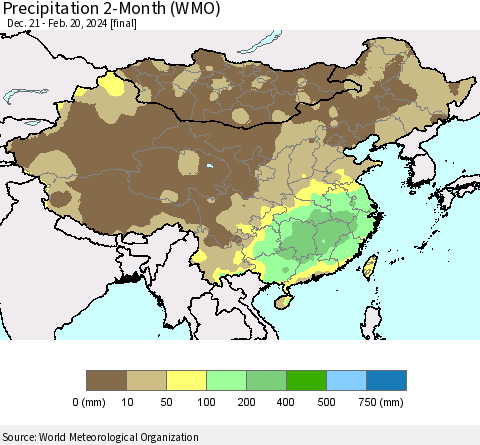 China, Mongolia and Taiwan Precipitation 2-Month (WMO) Thematic Map For 12/21/2023 - 2/20/2024