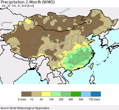 China, Mongolia and Taiwan Precipitation 2-Month (WMO) Thematic Map For 12/26/2023 - 2/25/2024