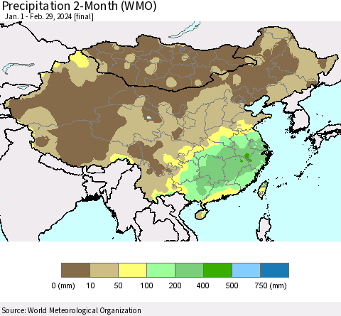 China, Mongolia and Taiwan Precipitation 2-Month (WMO) Thematic Map For 1/1/2024 - 2/29/2024